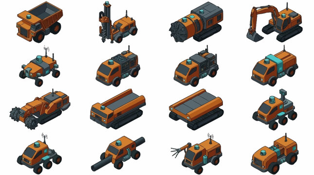 Collection of colorful construction vehicles in isometric style.