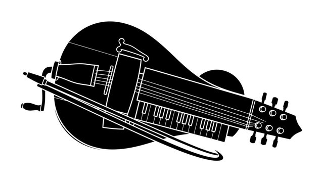Vector Image of a Sarangi: A black and white vector illustration of a traditional Indian stringed instrument, the sarangi, complete with its bow, featuring intricate details and a dark.