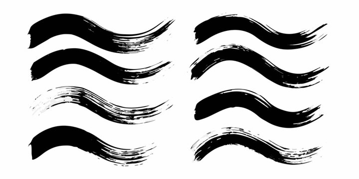 Collection Of Dynamic Black Ink Brush Strokes On White Background