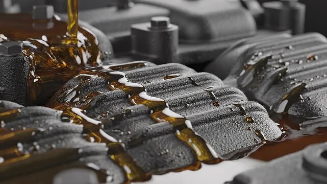 Close up of engine oil flowing over a car engine block for vehicle maintenance and lubrication