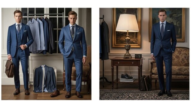 A split-screen image featuring two men in suits standing in different settings. The left side shows a man in a blue suit holding a briefcase, with another man and suit on the floor. 