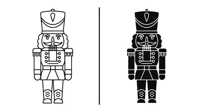 Nutcracker Soldier Icons: A striking comparison between a line art and a silhouette illustration of a classic nutcracker soldier, offering versatile design elements for holiday themes.