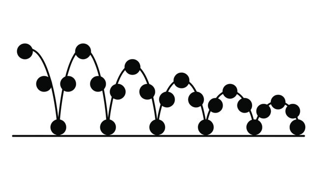 Bouncing ball physics animation sequence showing motion path in black and white vector