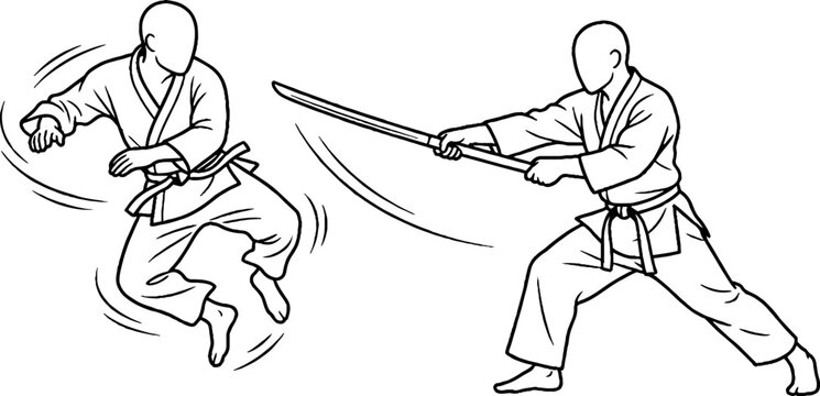 Dynamic martial arts duel with swords illustration.
