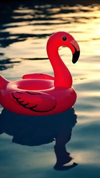 Inflatable pink flamingo floating on water at sunset.