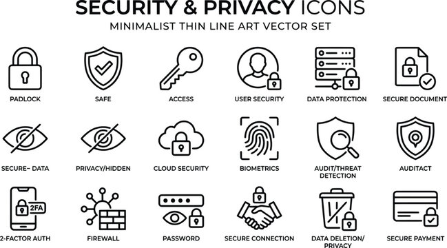 Minimalist thin line security and privacy icons, 18 vector elements for data protection, black outline cyber safety and encryption symbols