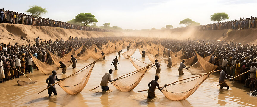 Community fishing event with numerous people casting nets in silty waters.