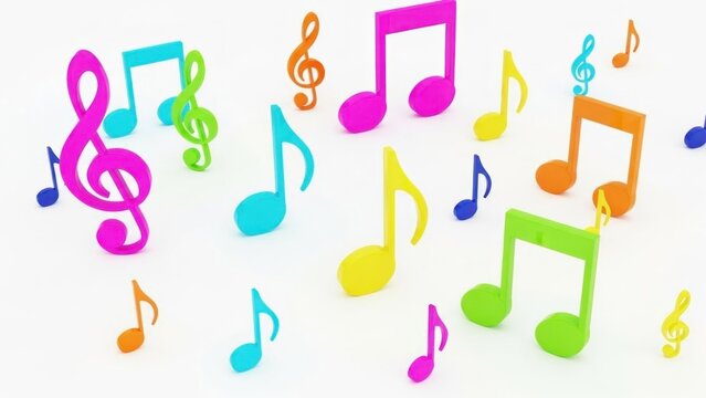 A colorful arrangement of various sized music notes in pink, green, blue, orange, and yellow on a white background