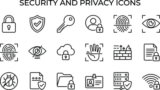 Security and privacy icons set, 18 thin line cybersecurity vector elements, digital data protection and biometric authentication symbols for web design