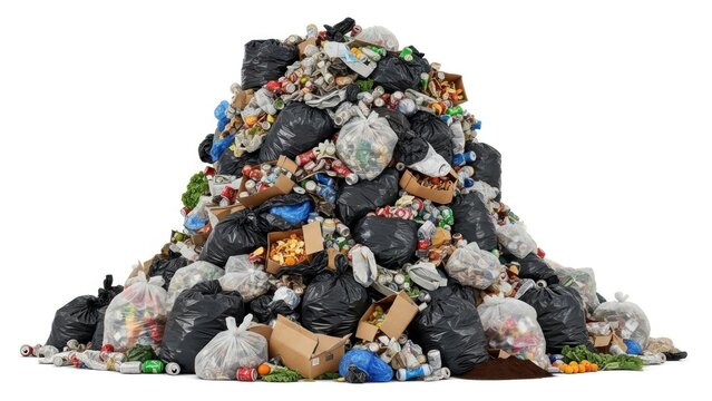 A large pile of assorted trash, including black bags, cardboard, and various household items