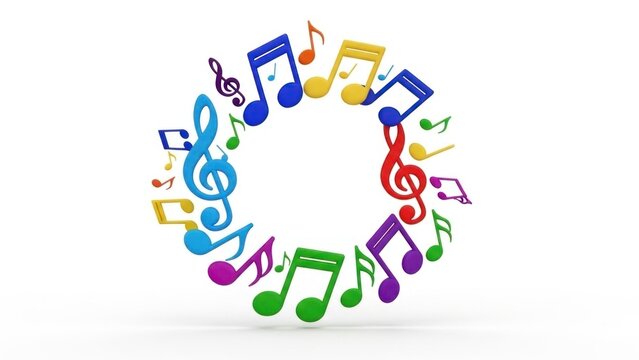 A colorful arrangement of various music notes in a circular pattern
