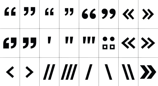 Various quotation marks and punctuation symbols arranged on a grid for typography and design