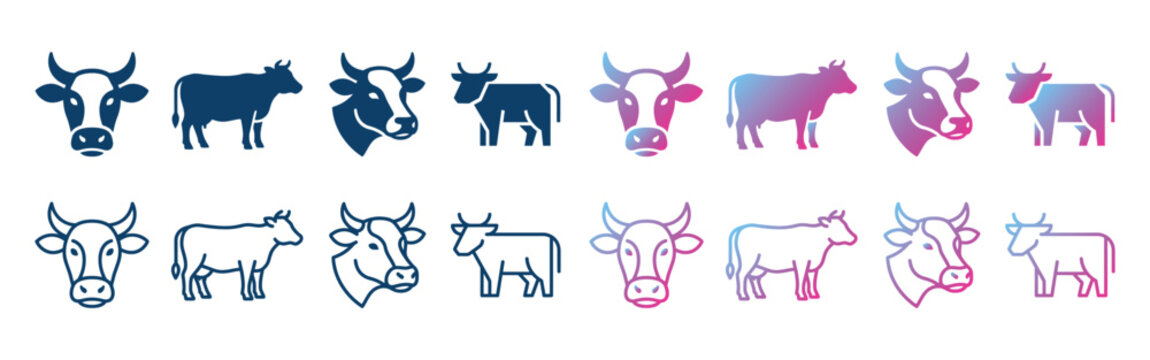 cow icon collection of outline and gradient vector designs in multiple colors