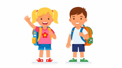 Obraz premium Two Cheerful Children with Backpacks, Girl Waving Hello, Boy Ready for School, Flat Design Illustration with Copy Space