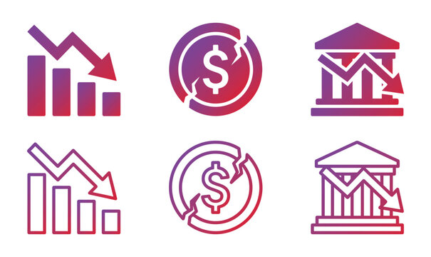 economy crisis icon set with downward arrows, dollar targets, and building symbols