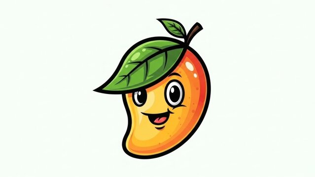 A cartoon mango with a smiling face and green leaf on top