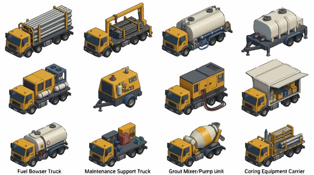 Collection of various construction and industrial vehicles in isometric view.