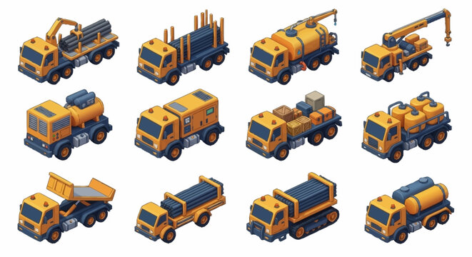Collection of Yellow Construction Trucks in Isometric Style.