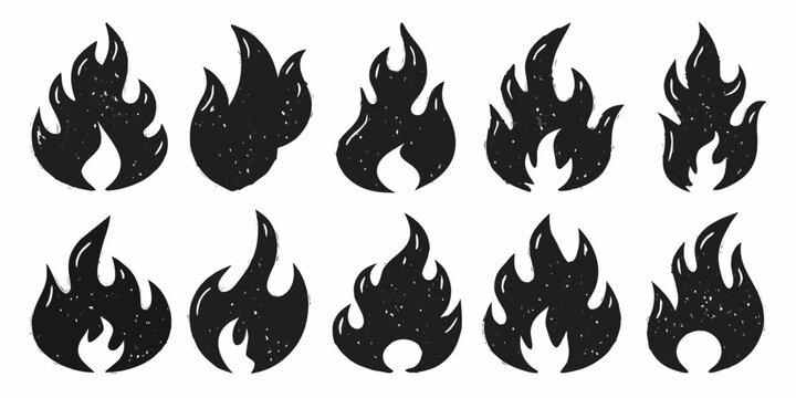 Stylized Fire Flame Icons Collection Black Silhouettes On White Background