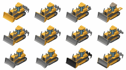 Yellow and gray construction bulldozers in multiple angles. © mbak