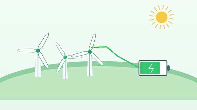 Wind Farm Renewable Energy Concept Illustration with Wind Turbines Charging a Battery