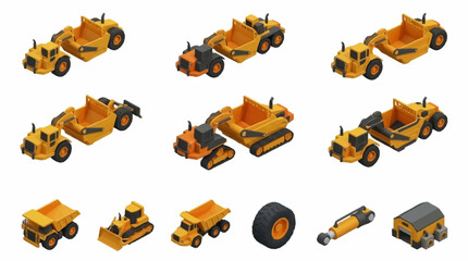 Collection of yellow construction vehicles in isometric view. © mbak