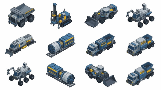 Collection of futuristic industrial vehicles and machinery.