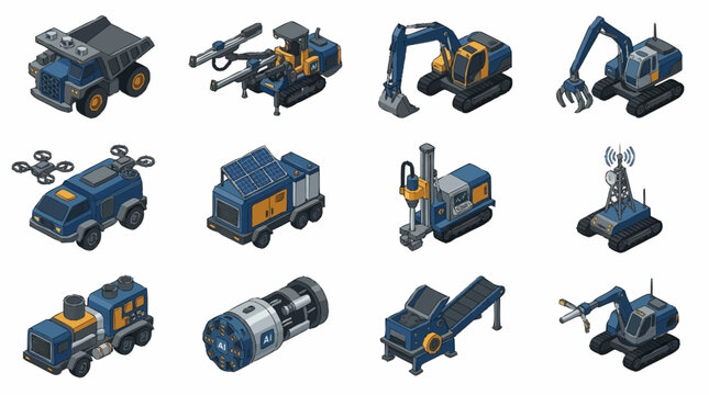 Collection of Blue Industrial Construction Vehicles and Equipment.