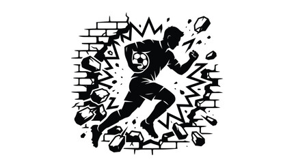 Fototapeta premium Soccer player bursting through brick wall representing overcoming obstacles concept illustration