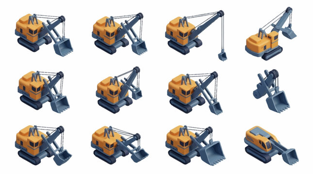 Collection of orange construction vehicles in isometric style.