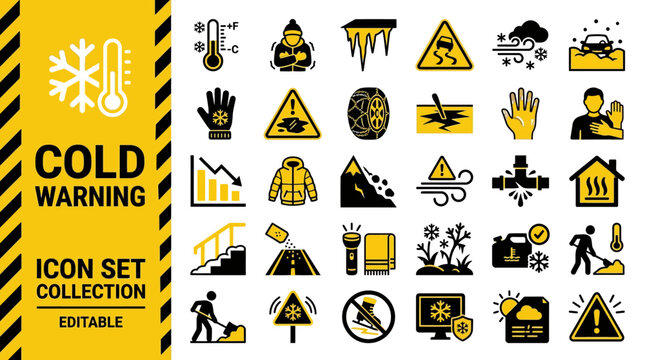 Cold weather warning icon set for winter safety and emergency