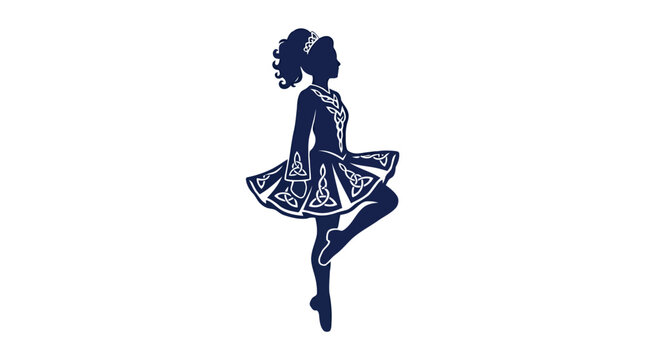 Young female Irish dancer performing traditional dance move black and white vector illustration