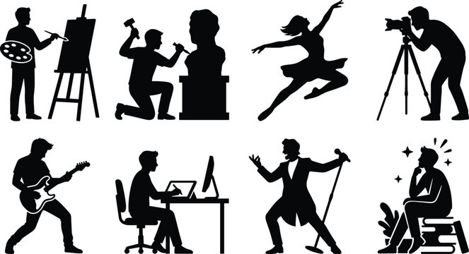 Artistic and intellectual activity silhouettes for creativity, performance, and educational design projects