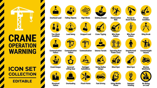 Industrial crane operation warning signs and construction safety icons