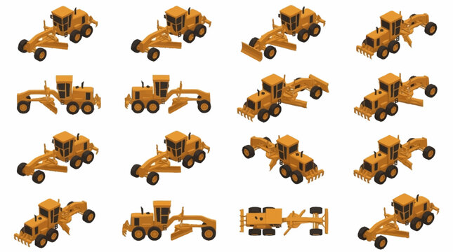 Collection of yellow construction road graders in various positions.