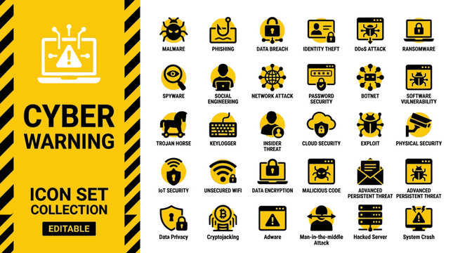 Cybersecurity warning and digital threat icon set with yellow accents