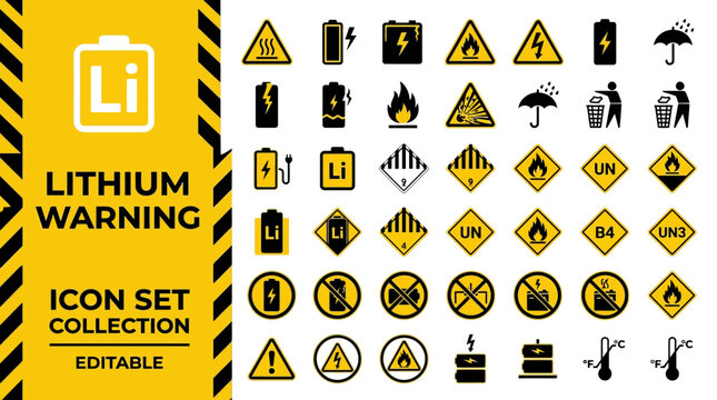 Lithium battery warning icon set and safety hazard symbols