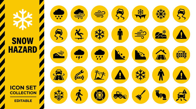 Winter weather safety icons for snow and ice hazard warnings