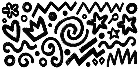 Black doodle pattern with hearts stars and abstract shapes © Hemlata