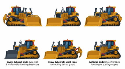 Heavy duty construction bulldozers in various positions. © mbak