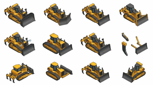 Collection of Yellow Construction Bulldozers in Various Angles.