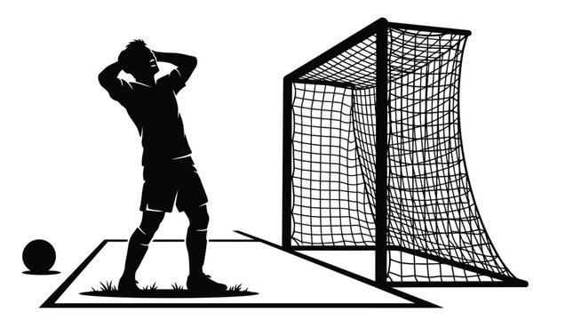 Frustrated soccer player standing by goal net after missing scoring opportunity
