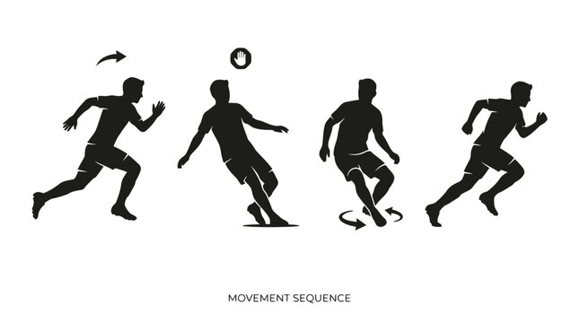 Movement sequence of soccer player passing and dribbling ball in technical vector graphic