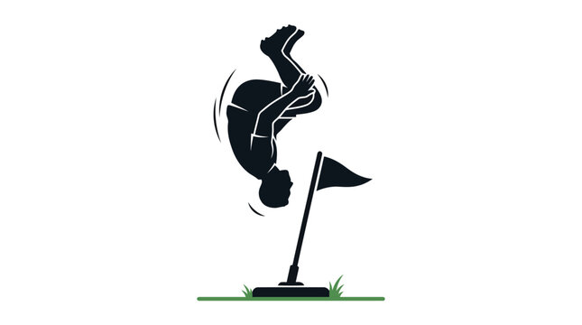 Man performing backflip on golf course near flag pole silhouette vector graphic design