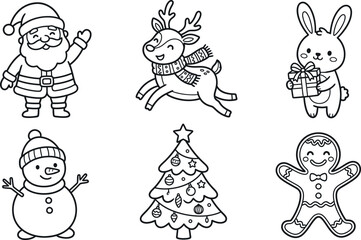 Fototapeta premium Christmas Characters And Decorations Black Line Art On White Background