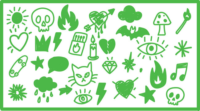 Organic bright green lifestyle doodle icon shapes isolated on white background, fresh grass green alternative pop art graphics chart for eco conscious youth apparel designs