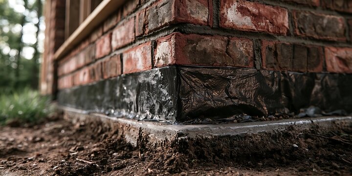 Close-up of a brick building foundation with waterproofing membrane and surrounding soil.