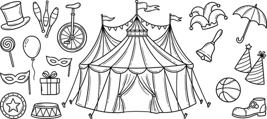 Circus Tent And Carnival Elements Black And White Vector Illustration © Peru