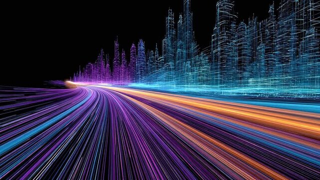 Futuristic smart city night view and digital light trails, high speed data transmission concept, modern urban high-tech architecture background, technology innovation and network connectivity, dynamic