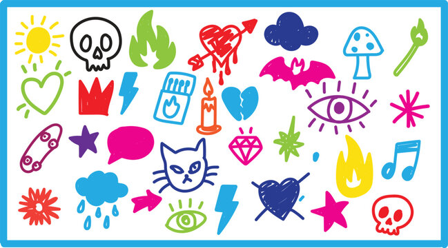 Multicolored funky lifestyle doodle graphics isolated on white background, playful pop art icons collection chart featuring skull fire heart cat and cloud illustrations for stickers